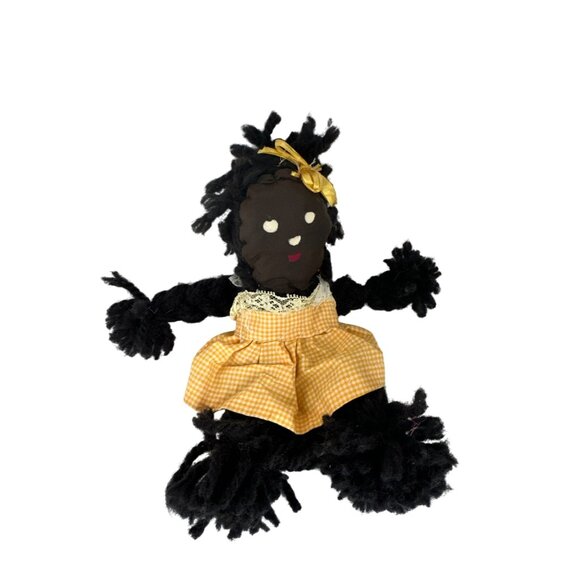 Handmade Vintage Yarn Rag Doll With Yellow Gingham Skirt & Bow 8 Inches Tall Sof - Picture 2 of 6